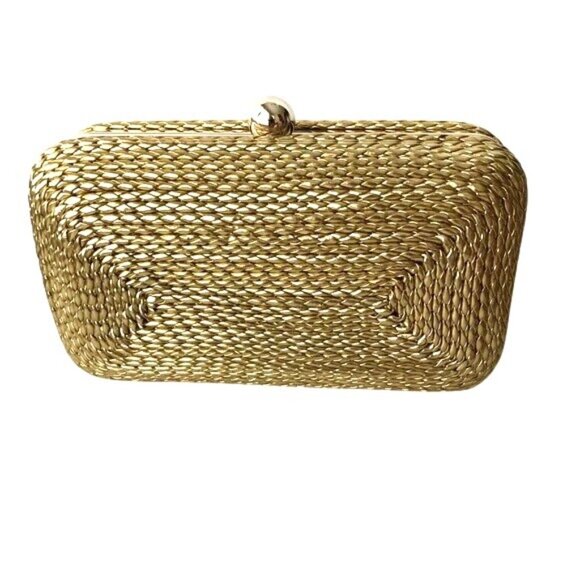 Gold Woven Bebe Clutch Purse With Chain Strap & Snap Closure - Elegant - Picture 2 of 7